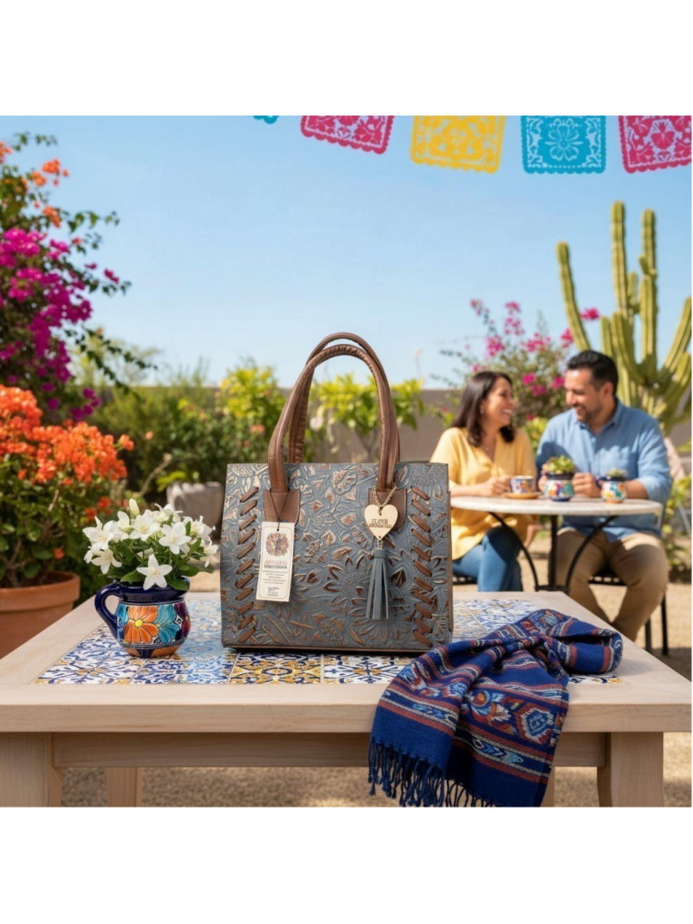 Sunflowers Blue Gray Bronze Stitched Embossed Tooled Artisan LEATHER Bag Purse - Picture 14 of 16